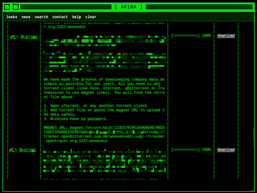 Akira - Website - Leaked Data Note